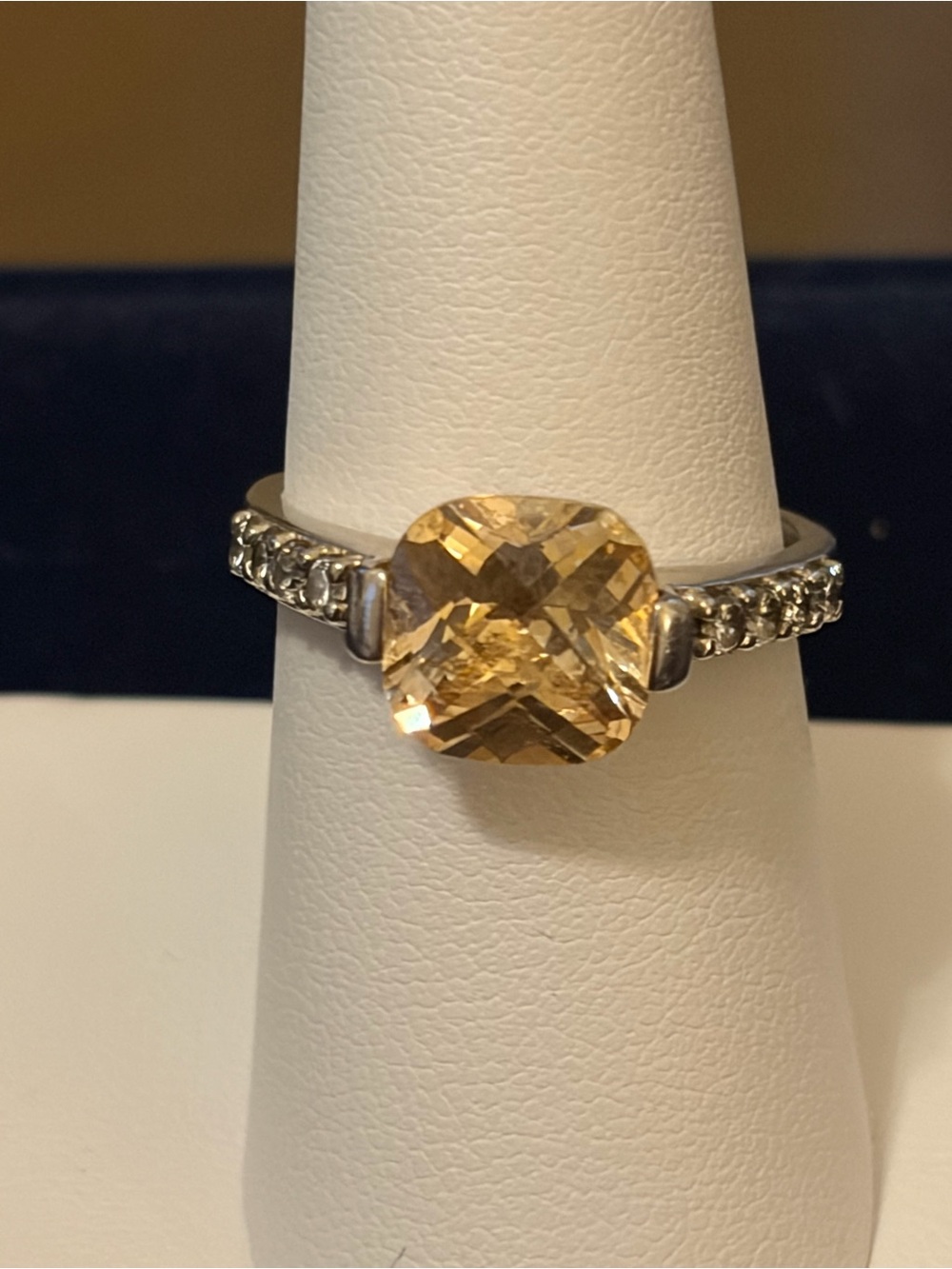 Cushion-Cut Citrine Stone Ring with Pavé Shoulders set in sterling silver